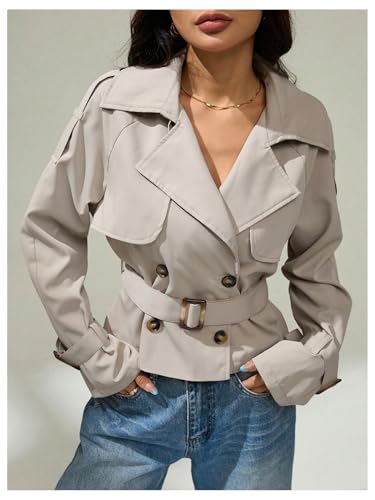 SOLY HUX Women's Double Breasted Short Trench Coat Belted Long Sleeve Lapel Collar Loose Jacket Outerwear3