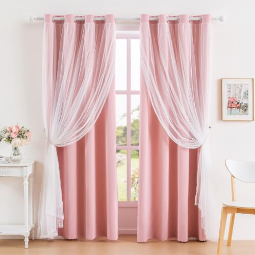Image of Anytime Double Layer Blackout Curtains 2 Panels,52Wx84L,Blush Pink | Sheer And Fabric Window Drapes Grommet Top Solid Color Bedroom Living Room Home Decor