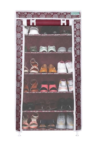 Image of FLIPZON Premium 6-Tiers Shoe Rack /Multipurpose Storage Rack with Dustproof Cover (Iron Pipes, Non Woven Fabric, Plastic Connector) (Maroon Flower), Cm