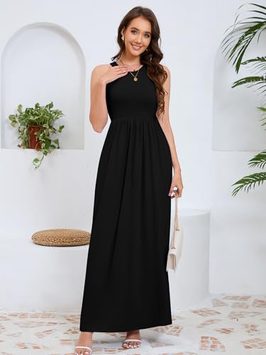 Image of DEARCASE Women's Sleeveless Maxi Dress Casual Plain Loose Summer Vacation Beach Long Dresses with Pockets