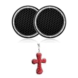GUIILAN Bling Car Cup Holder Coaster, Cross Crystal Rhinestone Vehicle Rear View Mirror Pendant,Diamond Religious Rearview Mirror Decoration Charm Interior Accessories Set (Red)