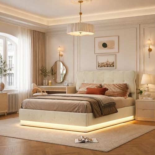 QLTXYHML Lit Coffre 140x190, Lit Double avec Éclairage LED RGB, Cadre de Lit Rembourré en Velour, Sommier à Lattes et Cadre de lit en métal (Beige, 140x190 cm)
