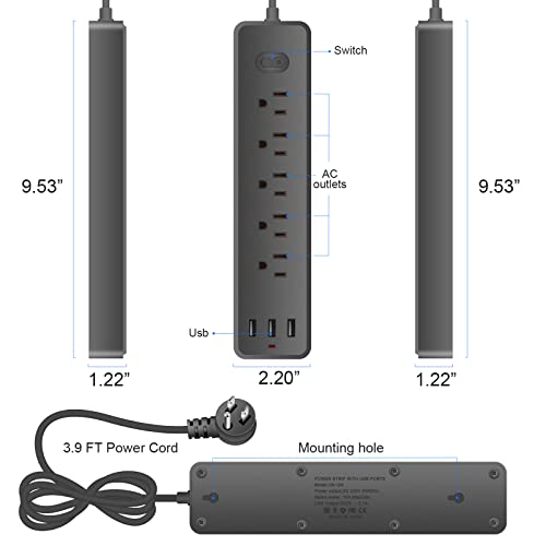 Power Strip Surge Protector With Usb,3.9 Feet Long Cord With 5 Ac Outlets And 3 Usb Charging Ports, Overload Protection Outlet Extender,For Smartphone Tablets Home,Office,Hotel,1700 Joules Black #TOP5