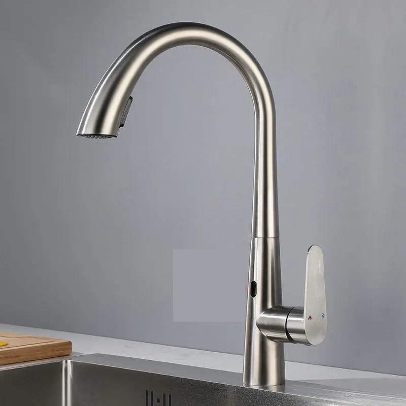 Mitigeur de cuisine à capteur extractible avec douchette orientable pivotante 360° en acier brossé