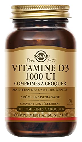 Solgar Vitamine D3 1000 UI à croquer - Défenses naturelles - Immunité - Santé des os - Goût fraise/banane - Complément Alimentaire - Flacon de 100 comprimés à croquer