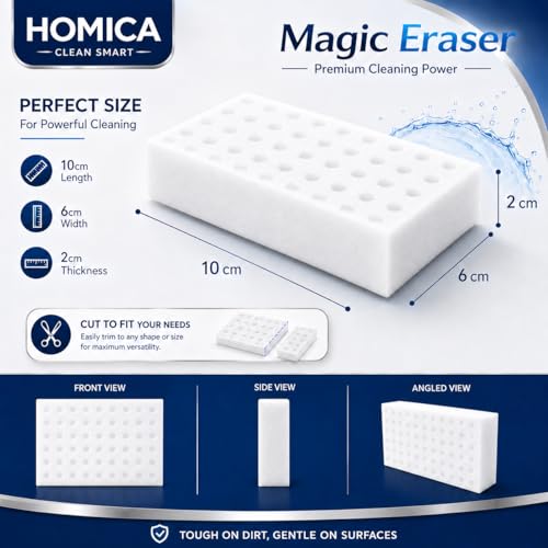 Image of Pack of 4 Homica Magic Eraser Cleaning Sponge | Chemical-Free Multi-Purpose Cleaning Sponge | Just Add Water | Removes Marks, Stains | for Kitchen, Bathroom, Walls, Shoes & Appliances