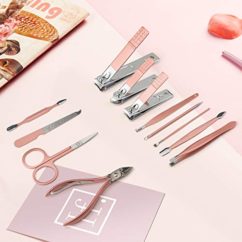 Leiwo Manicure Set ,Pedicure Kit Nail Scissors Stainless Steel Professional Toenails Cuticle Cutter Clipper Fingernails Grooming Kit With Pink Leather Travel Case (12Pcs Pink) #TOP1