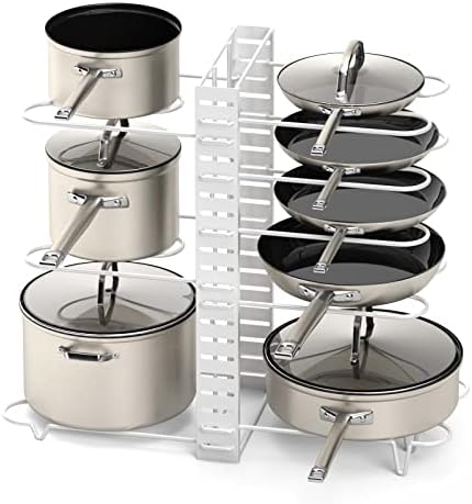 Vdomus Pot Rack Organizer with 3 DIY Methods, Pot Lid Organizer for Pans, Metal Kitchen Pot Racks, 8 pots and Pans Holder, Kitchen Storage Cabinet Organizer Cookware Storage, White