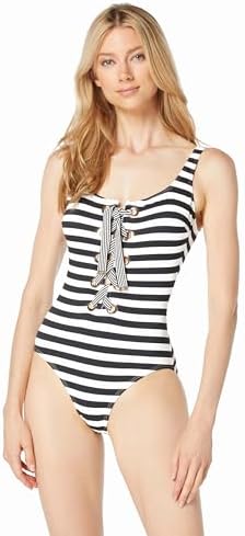 Michael Kors Swimwear Women's Stripe Lace Up One Piece Swimsuit