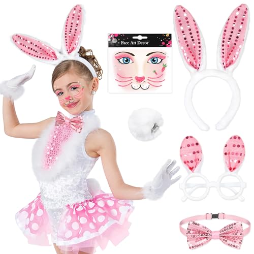 DPKOW Set di Costumi da Coniglietto per Bambini, cerchietti con Orecchie da Coniglietto in Paillettes Occhiali Coda da Coniglietto Viso Tatuaggio Papillon per Accessori Costumi di Carnevale di Pasqua