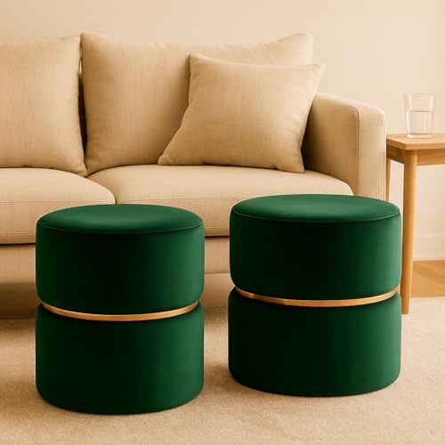 Image of Wooden Puffy Stool for Living Room Round Footstool - Ottoman Stool for Living Room Furniture Round Ottoman - Sitting Pouffe Ottoman Stool /Room Dcor /Office Stool - (Set of 2 Green)