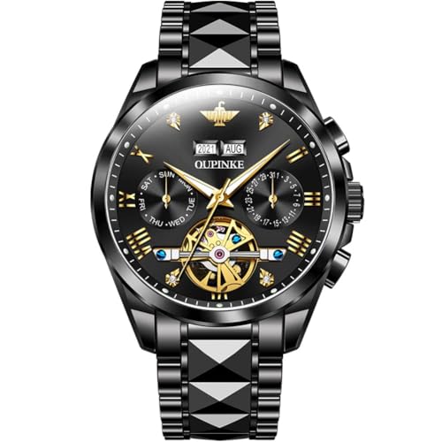 Image of OLEVS Mens Watches Skeleton Mechanical Black Watches for Men Wrist Watches Automatic Luxury Tungsten Steel Sapphire Crystal Waterproof Luminous Gold and Black