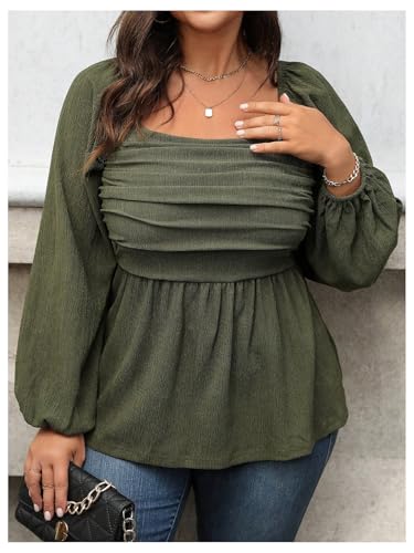 Floerns Women's Plus Size Square Neck Lantern Long Sleeve Ruffle Hem Peplum Blouse Top4