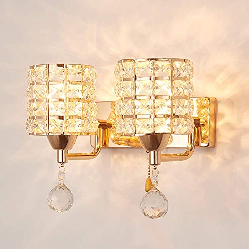 Crystal Wall Sconce Modern LED Wall Lighting Fixture E27 Decorative Wall Mount Lamp with Pull Chain Switch for Bedroom Living Room Aisle Study Room Hallway (Double Head, Gold)