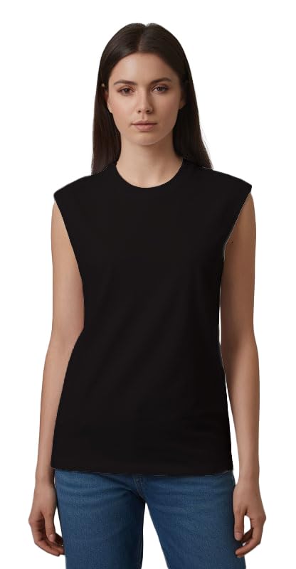 itki utki Sleeveless Round Neck Regular Length Tank Top for Women - Solid Plain T Shirt, Relaxed Fit, Soft and Breathable Summer Wear 100% Cotton (Model C)-picture-34