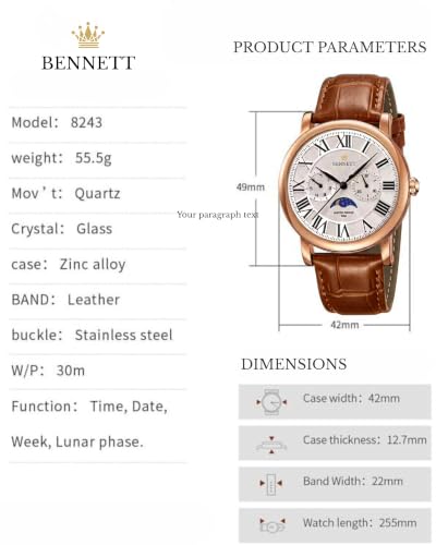 Image of Bennett Celest Limited Edition Men's Watch with Japanese Quartz Movement | Sun & Moon Phase | Premium Analog Dress Watch | Classy Watches for Men