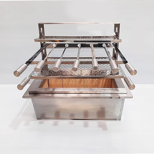 Kit Braseiro Inox Tijolo Refratário Suporte Flutuante 52x34 Com Grelhas e espetos, Aço Inox