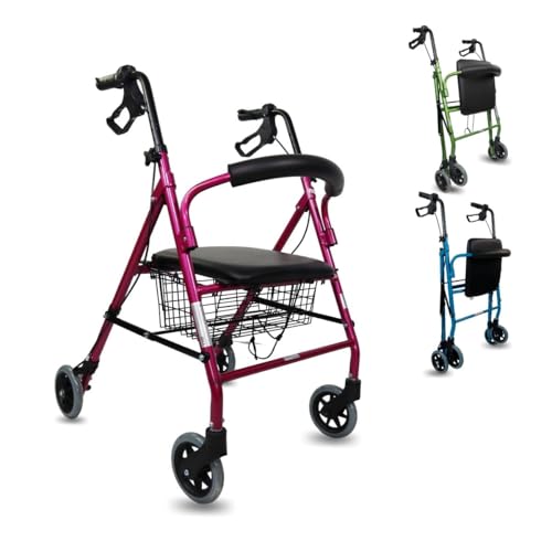 Mobiclinic, Andador para ancianos, Modelo escorial, Marca española, Plegable, Frenos manuales y bloqueables, Aluminio, Con cesta, Ligero resistente, Asiento, 4 ruedas, Color rosa