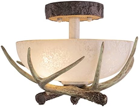 VAXCEL Lodge 12-in W Cream Rustic Antler Bowl Semi Flush Mount Ceiling Light Cream Glass