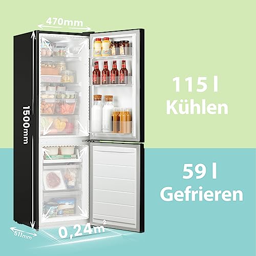Comfee RCB169DK2(E) Kühl-/Gefrierkombination/150 cm Höhe/Low Frost/Einstellbare Kühlschranktemperatur/LED-Licht/195 kWh/Jahr/115L Kühlteil/59L Gefrierteil/Schwarz – Bild 3