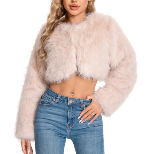 WELLATENT Fur Coats For Women,Plus Size Cropped Faux Fuzzy Jacket