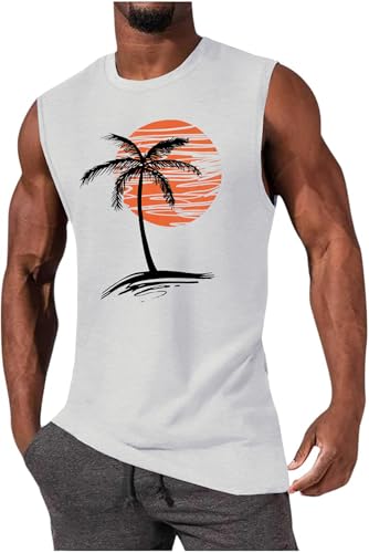iudam Mens Summer Beach Tank Top Tropical Hawaiian Palm Tree Print Sleeveless Shirts Muscle Tee Vacation Shirts (White,2XL)