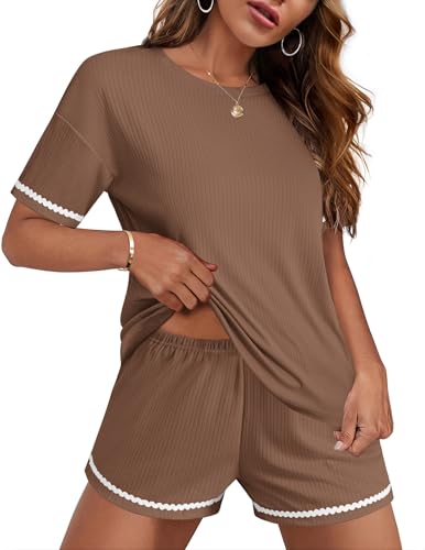 Image of Ekouaer Pajama for Women Sets 2 Piece Ribbed Knit Lounge Sets Pjs Shorts Summer Short Sleeve Sleepwear with Pockets