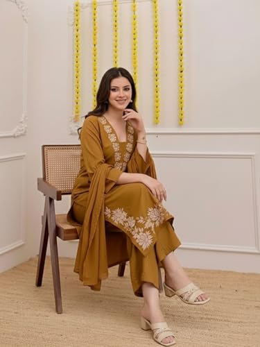 Image of ANNI Designer Pure Cotton Embroidered Kurta Set for Women | Rust Orange Kurta with Pants & Dupatta | Floral Neck & Hem Embroidery | Cotton Kurta Set for Women | 10 Colour Options Available