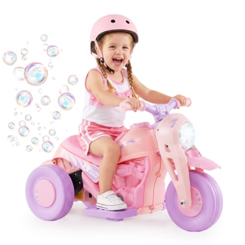OLAKIDS Kids Motorcycle, 6V Electric Ride On Car with Automatic Bubble Function, Foot Pedal, Headlight, Music, 3 Anti-Skip Wheels Vehicle for Children, Toddler Ages 3+ (Violet) - image 1