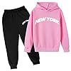Survêtement pour enfant 2 pièces New York - Impression lettres - Manches longues - Sweat à capuche + pantalon noir - Survêtement de sport surdimensionné - Pour garçons et filles