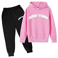 Survêtement pour enfant 2 pièces New York - Impression lettres - Manches longues - Sweat à capuche + pantalon noir - Survêtement de sport surdimensionné - Pour garçons et filles