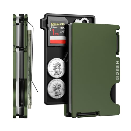 Wallet for Men with Inner Key Coin Tray, Minimalist Card Holder with Money Clip, Slim Metal Front Pocket Wallet, RFID Blocking, Army Green, PMLCO-04