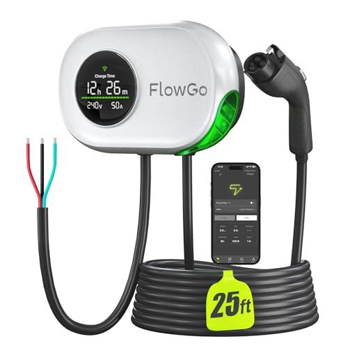 FlowGo EV Charger Level 2 Hardwire 50A Smart Electric Car Home Charger Motion-Activated Display 240V with NEMA 14-50 Plug J1772 Connector 25FT Cable APP and WiFi Vehicle Charging Stations ETL Listed