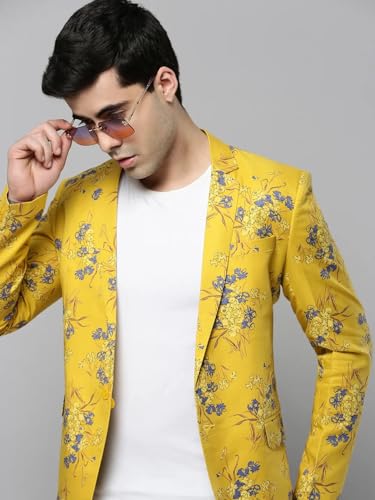 Image of SHOWOFFFF Men Printed Front-Open Casual Blazer | Notched Lapel Full Sleeves Cotton Blazer for Mens | Slim Fit Regular Length Blazer for Men's