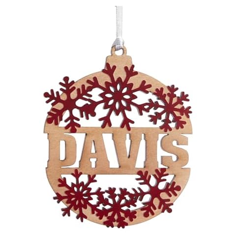 Personalization Universe Snowflake Name Personalized Wood Ornament, Engraved Christmas Tree Decoration with Hanging Ribbon, Red Maple, Made in USA Cover