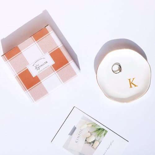 Image of Ceramic Jewelry Tray Initial Ring Dish Personalized K-Monogrammed Engagement Wedding Gifts, for Birthday Mother's Day Christmas for Women, Ceramic White 4.75 inch (K)