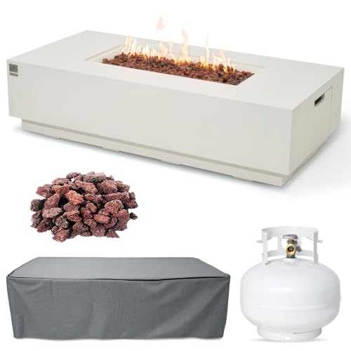 Image of AMS 66 inch Rectangular Concrete Propane Gas Fire Pit Table only (Cream White)
