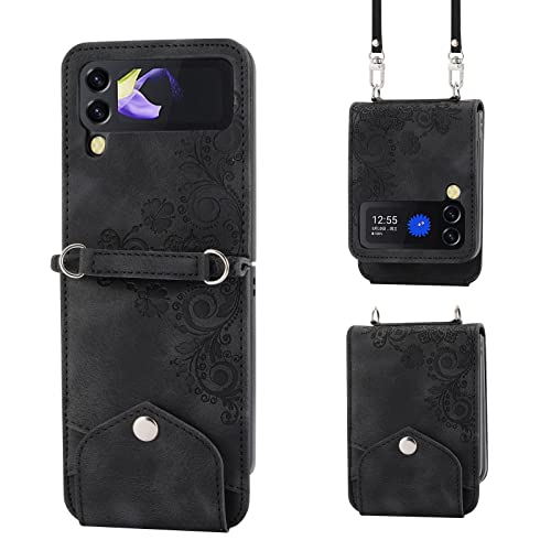Protection Galaxy Z Flip 3 étui portefeuille cuir souple et bandoulière noire