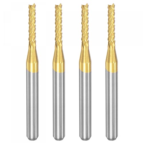 Image of uxcell End Mill CNC Router Bits, 1 /8 inch 3.175mm Shank 1.8mm x 9mm Titanium Coated Tungsten Carbide Left Hand Engraving Milling Cutter for PCB Plastic Fiber Wood 4pcs