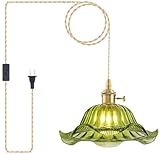 Plug in Pendant Light Vintage, Adjustable Pulley Hanging Lamp with Green Lily Glass Shade, Brass Hanging Lights with Plug in Cord, Gold Hanging Pendant Light for Bedroom Living Room Kitchen