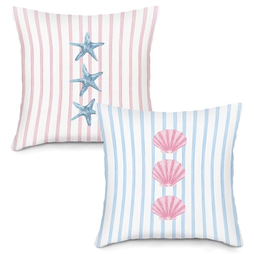 LLOKARNORA Preppy Starfish Seashell Throw Pillow Covers Set of 2, Pink and Blue Striped Pillow Case Cover for Girls Room, Coastal Square Pillowcase, Beachy Coquette Cushion Cover Case for Couch,18x18
