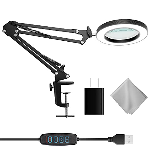 NASAPEX LED Magnifying Lamp with Clamp, Eye Caring Magnifying Glass with Light and Stand, 3 Color Modes, Adjustable Swivel Arm, 5 Diopter Magnifier with Light for Reading, Crafts, Close Work, Sewing