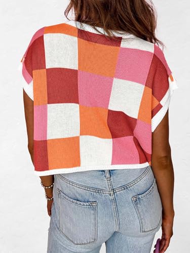 Image of ATHMILE Womens Cap Sleeve Tops Color Block Crop Sweater Going Out Crew Neck Knit Shirts Business Casual Outfits
