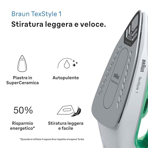 Braun TexStyle1 SI1040GR Ferro da stiro a Vapore, 5 Anni di Assistenza, Riscaldamento Rapido, MODALITA' ECOMODE Risparmio energetico, 120g/min vapore, Serbatoio 220ml,2000W, Verde - Immagine 3