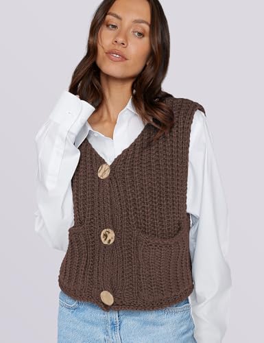 Image of UEU Womens Chunky Sweater Vest Button Down Sleeveless Cardigan V Neck Crop Crochet Knit Tops 2025 Fashion Trendy Clothes