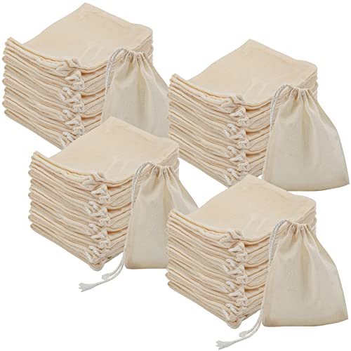 Suwimut Lot de 100 sacs réutilisables en mousseline de coton naturel avec cordon de serrage pour épices, thé, herbes, produits en vrac, pochette à bijoux pour rangement à la maison (10,2 x 7,6 cm) Cover