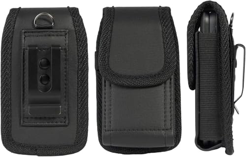 Flip Phone Case, Black Rugged Leather Vertical Holster Holder Metal Clip and Secure Belt Thread Loop Harness - Magnetic Closure