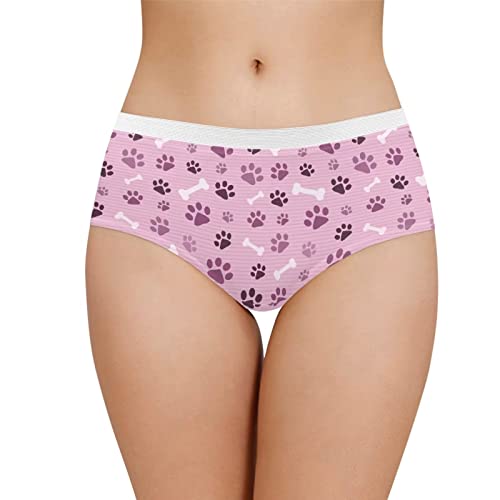 Cozeyat Women Girls Underpants,Pink Paw Bone Design Double-Layer Crotch Briefs,Full Coverage White Lace Waisted Sexy Underwear,Size L