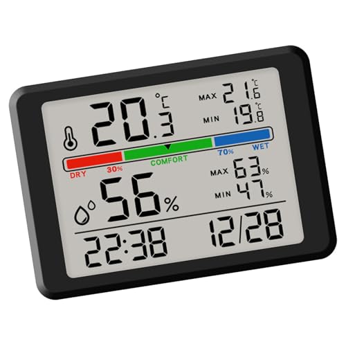 LLINthy Reloj despertador digital con visualización de temperatura interior y humedad, pantalla LCD, retroiluminación, funciona con pilas, reloj de estudio para estudiantes