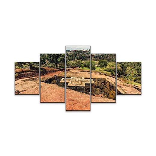 Night in U.S Canvas Art Wall St George Church in Lalibela Ethiopia Paintings Vintage Prints Home Decor Artworks Gift Ready to Hang for Living Room 5 Panels Large Size